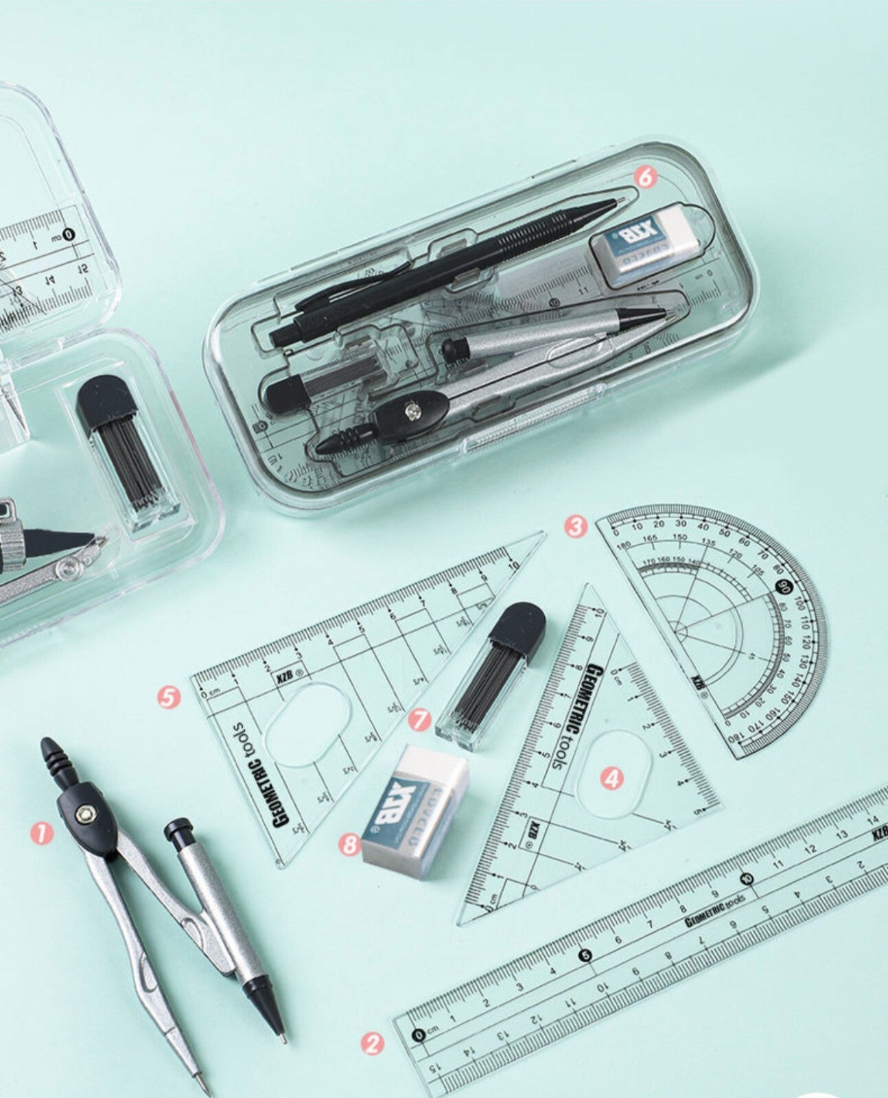 Maths Geometry  Compass Protractor Set Back To School Exam Stationery 8PCS