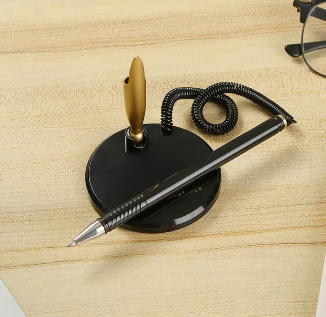 Reception Pen Desk Set On Chain With Stand- Black Counter Pen New