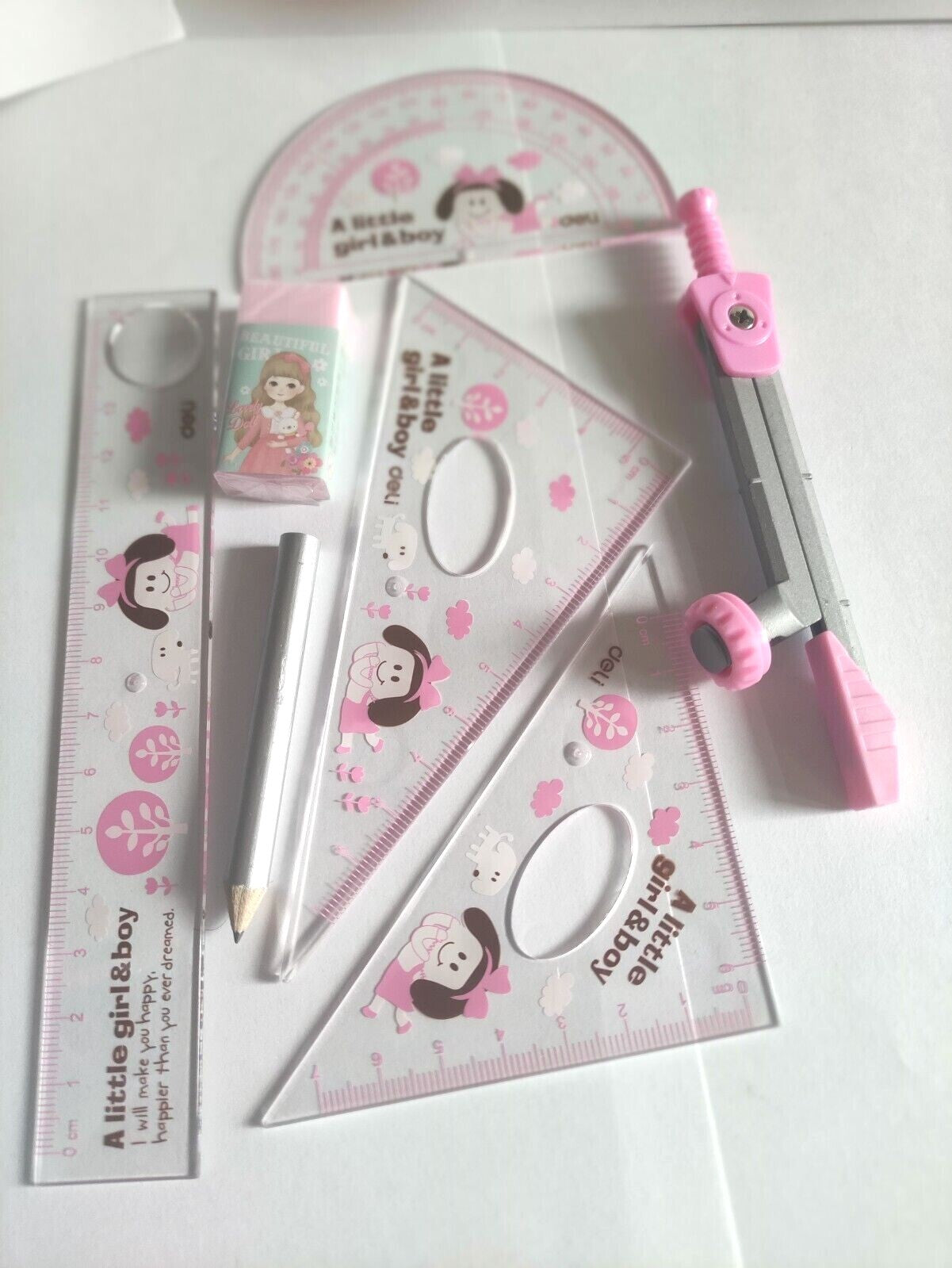 Maths Geometry Set Compass Ruler Protractor Box 7PCS For Boys Girls School Home