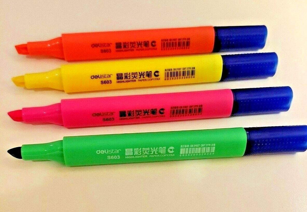 HIGHLIGHTER PENS MARKER ASSORTED BRIGHT COLOURS FOR SCHOOL OFFICE 4PCS