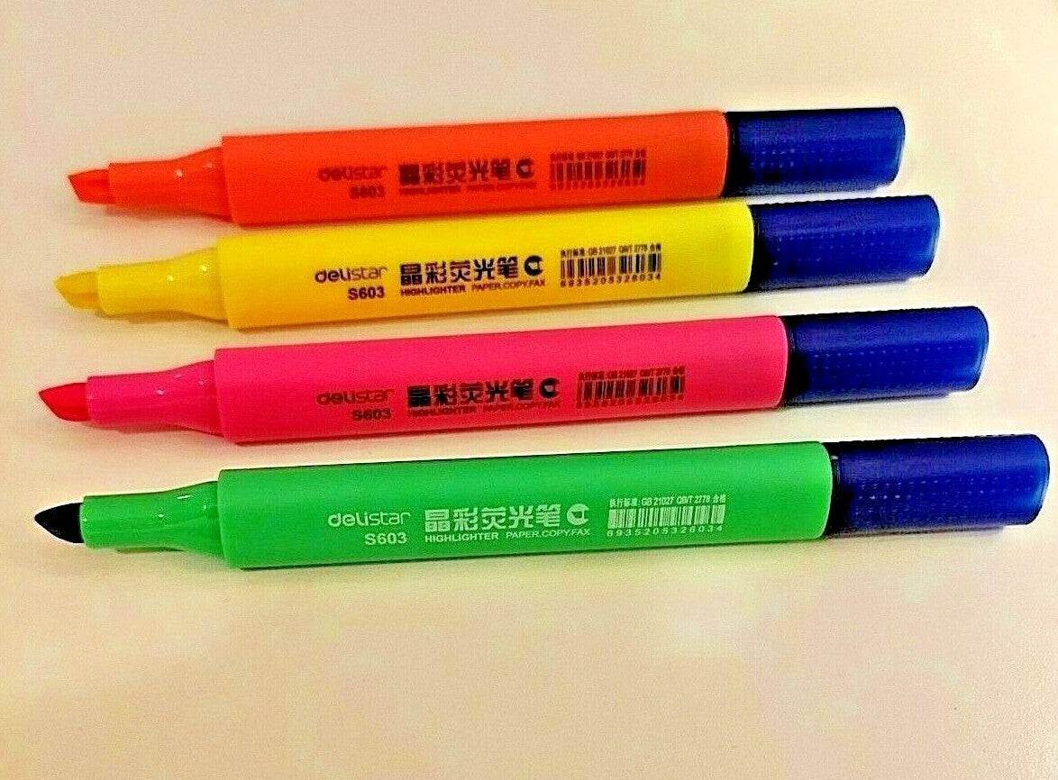 HIGHLIGHTER PENS MARKER ASSORTED BRIGHT COLOURS FOR SCHOOL OFFICE 4PCS