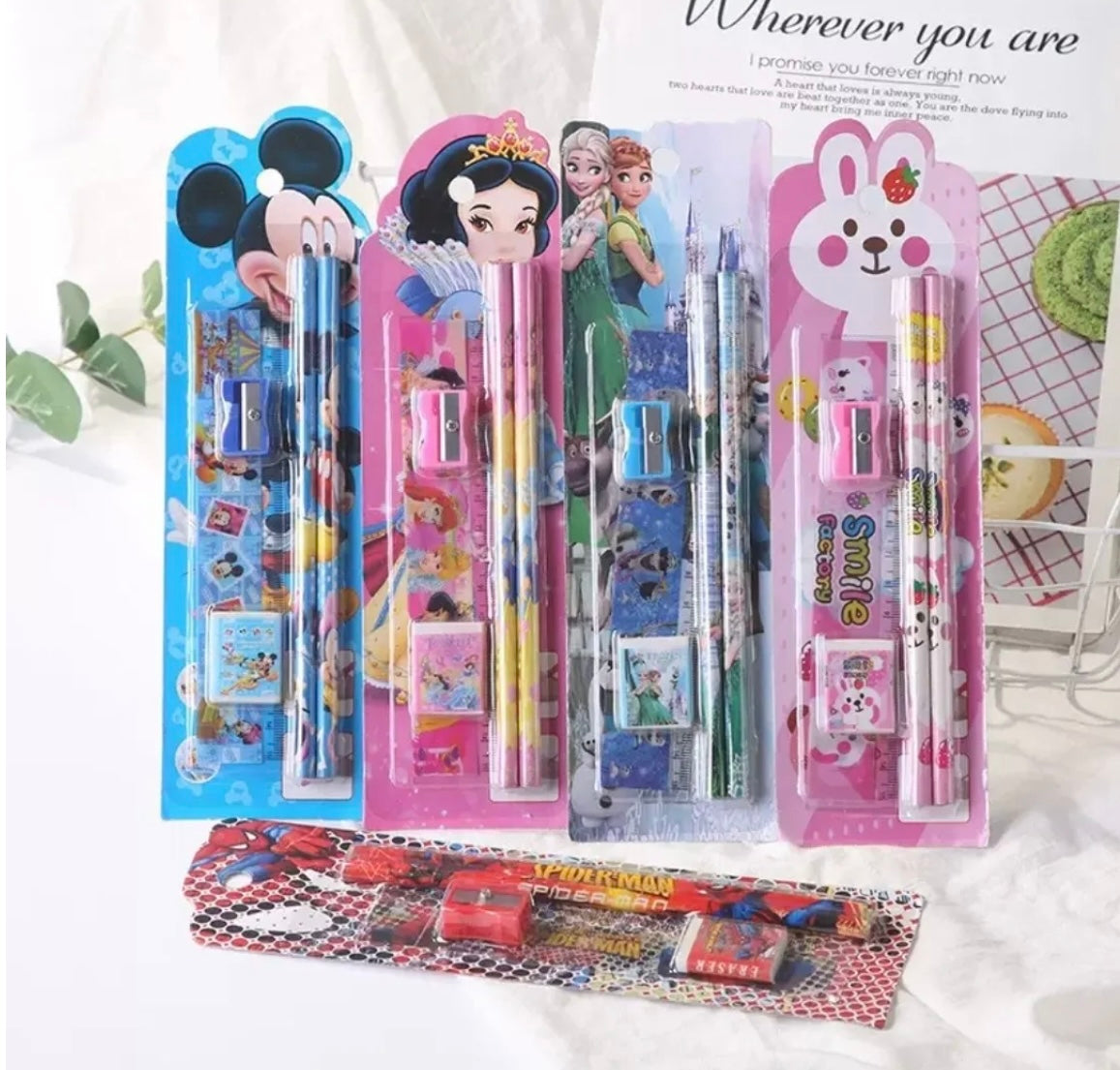 DISNEY 5PCS SET STATIONERY RULER SHARPENER PENCIL ERASER  SET FOR KIDS SCHOOL